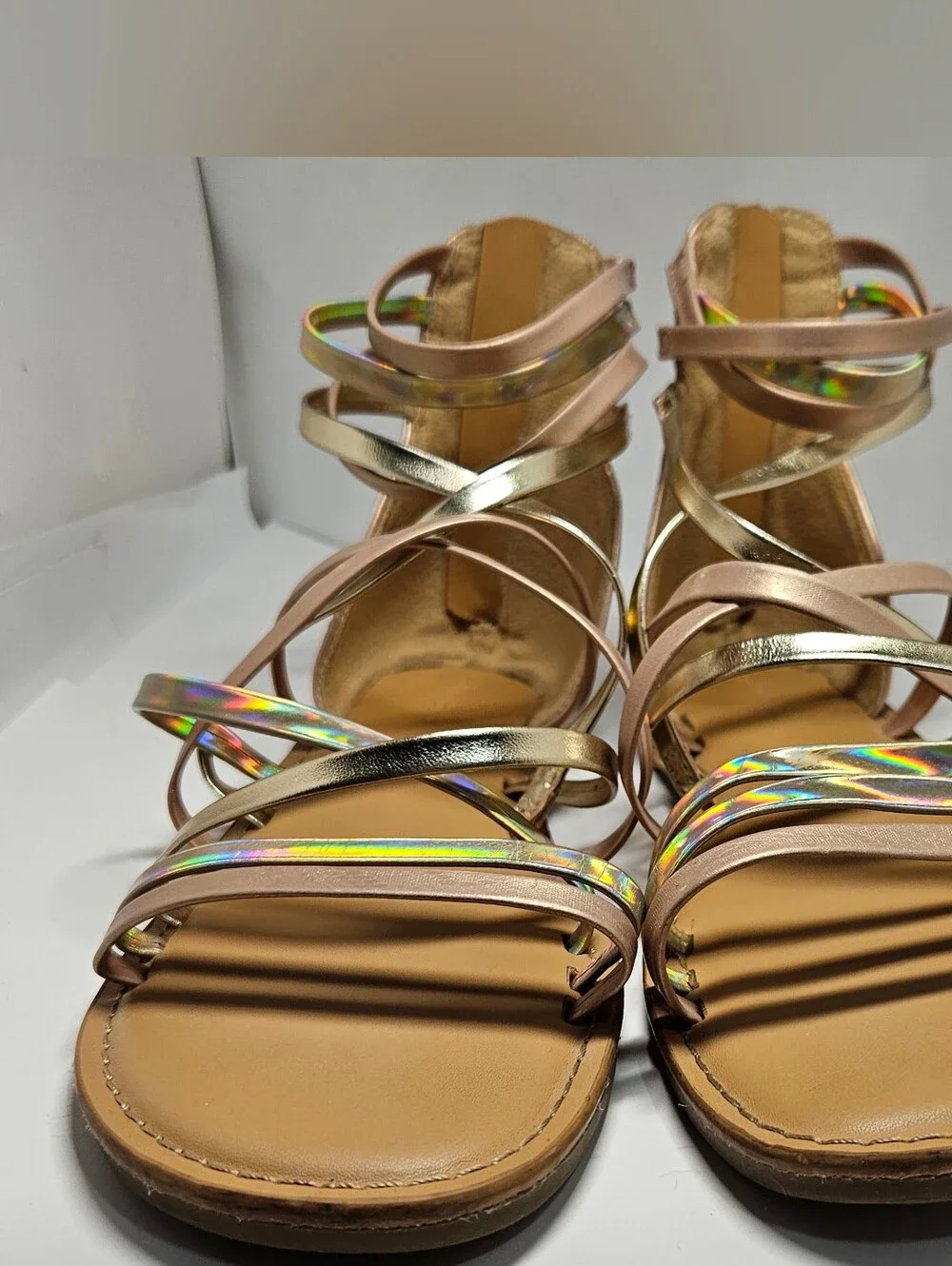 Cat & Jack Girls Dion Gladiator Sandals Size 3 Rose Gold Metallic Strappy Zip